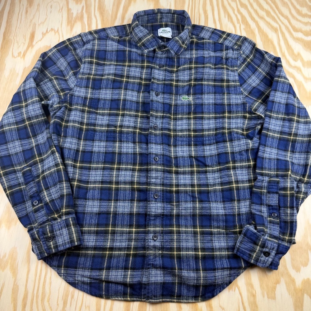 Lacoste Mens Blue Plaid Flannel Button Down Shirt Regular Fit Size 42 L/S